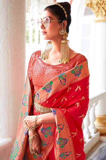 Glowing Red Paithani Silk Saree With Eye-catching Blouse Piece