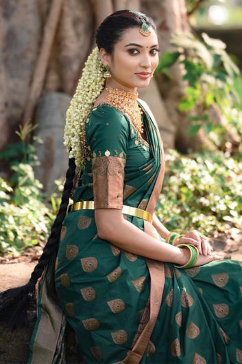Exuberant Dark Green Soft Silk Saree With Amiable Blouse Piece