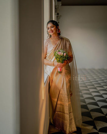 Glittering Beige Soft Silk Saree With Exuberant Blouse Piece