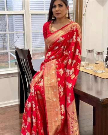 Glittering Red Soft Silk Saree With Super Staggering Blouse Piece