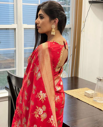 Glittering Red Soft Silk Saree With Super Staggering Blouse Piece