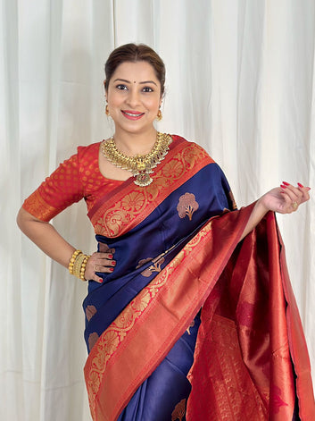 Glorious Navy Blue Soft Banarasi Silk Saree With Groovy Blouse Piece