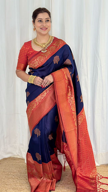 Glorious Navy Blue Soft Banarasi Silk Saree With Groovy Blouse Piece