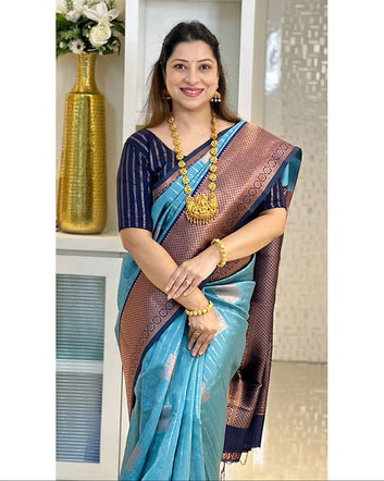 SKY BLUE WITH NAVY BLUE COMBINATION PURE SOFT SEMI SILK SAREE WITH ATTRACTIVE BLOUSE PIECE