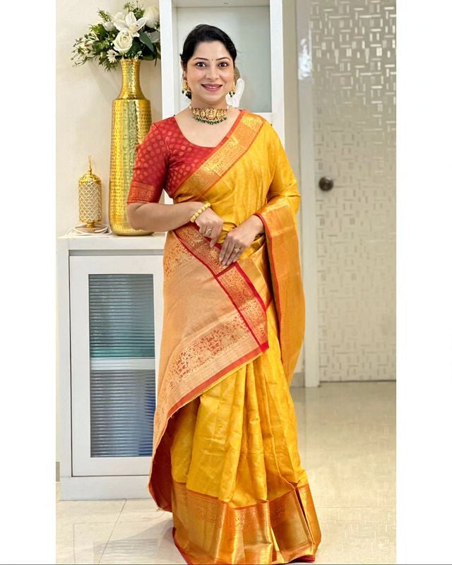 YELLOW WITH RED COMBINATION PURE SOFT SEMI SILK SAREE WITH ATTRACTIVE BLOUSE PIECE