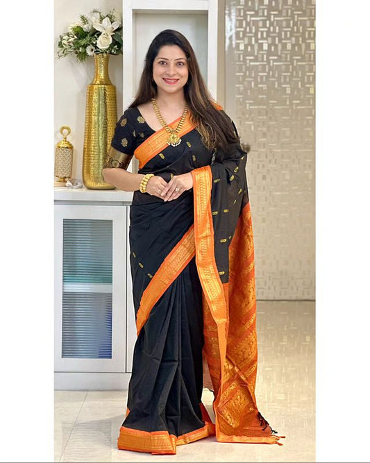 BLACK & ORANGE COMBINATION PURE SOFT SEMI SILK SAREE WITH ATTRACTIVE BLOUSE PIECE
