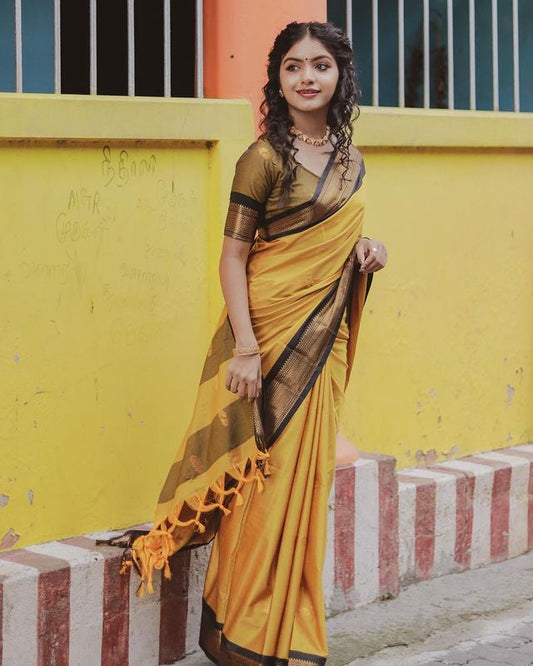 SYMMETRICAL YELLOW & BLACK PURE SOFT SILK SAREE WITH ENGROSSING BLOUSE PIECE