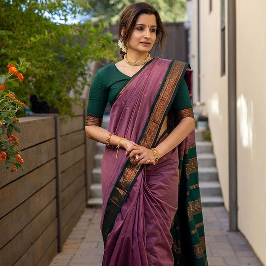 LILAC PURPLE WITH DARK GREEN COMBINATION PURE SOFT SEMI SILK SAREE WITH ATTRACTIVE BLOUSE PIECE
