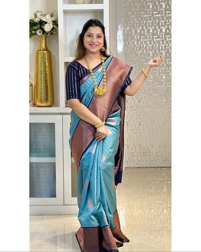 SKY BLUE WITH NAVY BLUE COMBINATION PURE SOFT SEMI SILK SAREE WITH ATTRACTIVE BLOUSE PIECE