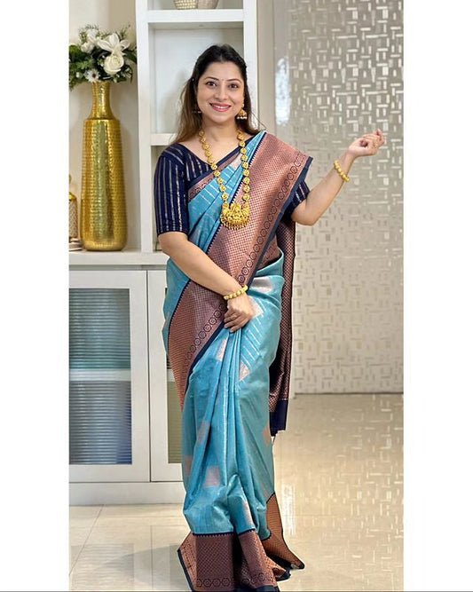 SKY BLUE WITH NAVY BLUE COMBINATION PURE SOFT SEMI SILK SAREE WITH ATTRACTIVE BLOUSE PIECE