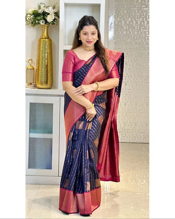 NAVY BLUE & MAGENTA COMBINATION PURE SOFT SEMI SILK SAREE WITH ATTRACTIVE BLOUSE PIECE