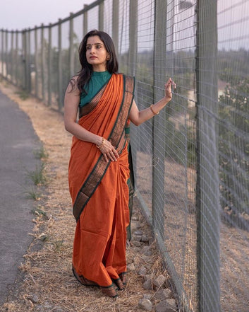 ORANGE & DARK GREEN COMBINATION PURE SOFT SEMI SILK SAREE WITH ATTRACTIVE BLOUSE PIECE