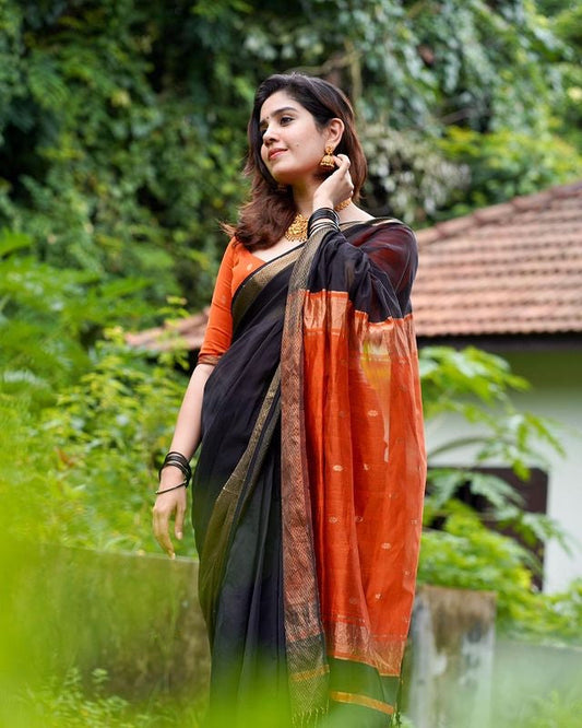 BLACK PURE SOFT SEMI-SILK SAREE STYLISH BLOUSE PIECE