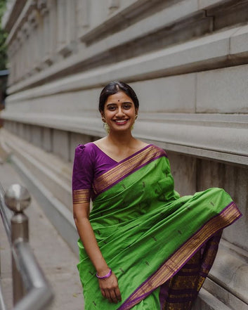 P GREEN AND PURPLE COMBINATION PURE SOFT SEMI SILK SAREE WITH ATTRACTIVE BLOUSE PIECE