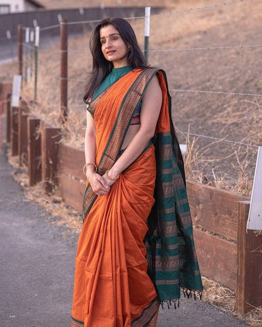 ORANGE & DARK GREEN COMBINATION PURE SOFT SEMI SILK SAREE WITH ATTRACTIVE BLOUSE PIECE