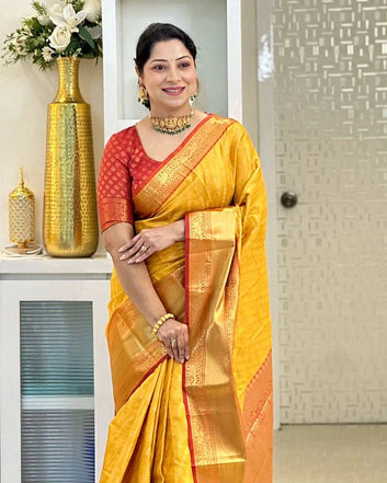 YELLOW WITH RED COMBINATION PURE SOFT SEMI SILK SAREE WITH ATTRACTIVE BLOUSE PIECE