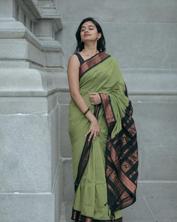 LIGHT GREEN & BLACK COMBINATION PURE SOFT SEMI SILK SAREE WITH ATTRACTIVE BLOUSE PIECE