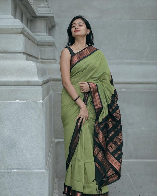 LIGHT GREEN & BLACK COMBINATION PURE SOFT SEMI SILK SAREE WITH ATTRACTIVE BLOUSE PIECE