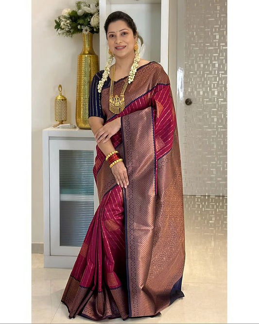 MAROON WITH NAVY BLUE COMBINATION PURE SOFT SEMI SILK SAREE WITH ATTRACTIVE BLOUSE PIECE