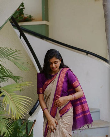 GREY WITH PURPLE COMBINATION PURE SOFT SEMI SILK SAREE WITH ATTRACTIVE BLOUSE PIECE
