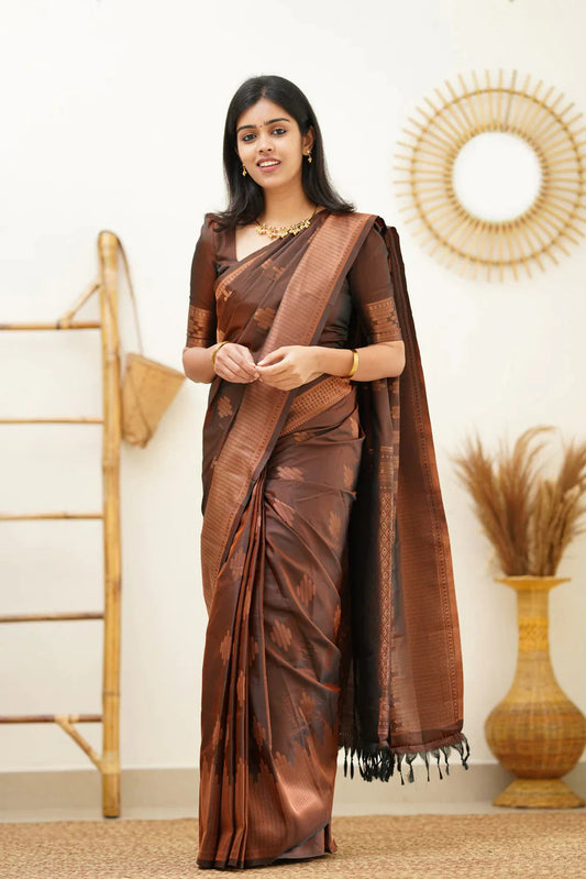 COFFEE PURE SOFT SILK SAREE WITH CONFOUNDING BLOUSE PIECE