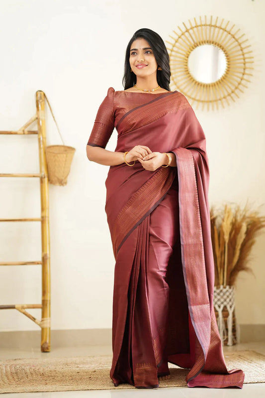 MAROON PURE SOFT SILK SEMI SAREE WITH LOVELY BLOUSE PIECE