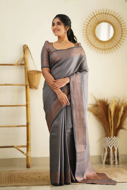 LIGHT GREY PURE SOFT SEMI SILK SAREE WITH HEAVY BROCADE BLOUSE PIECE