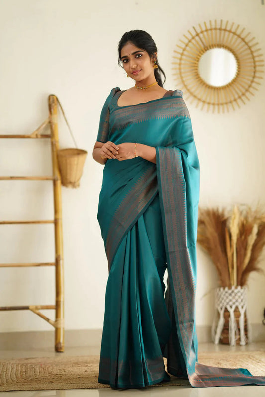 TEAL BLUE PURE SOFT SEMI SILK SAREE WITH LOVELY BLOUSE PIECE