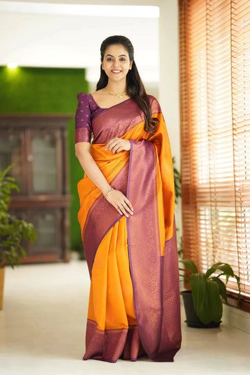 BRIGHT YELLOW PURE SOFT SILK SAREE WITH ATTRACTIVE BLOUSE PIECE