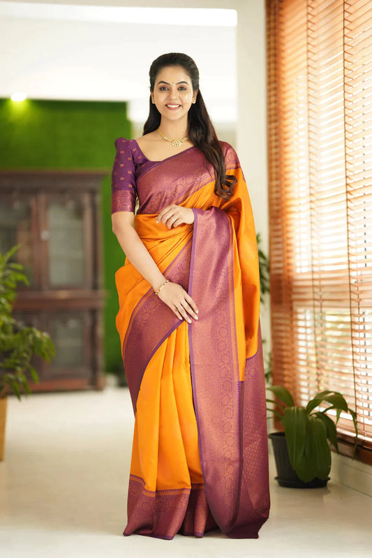 BRIGHT YELLOW PURE SOFT SILK SAREE WITH ATTRACTIVE BLOUSE PIECE