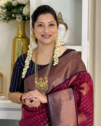 MAROON WITH NAVY BLUE COMBINATION PURE SOFT SEMI SILK SAREE WITH ATTRACTIVE BLOUSE PIECE