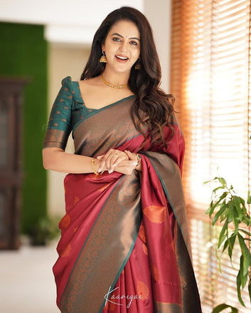 DARK RED PURE SOFT SILK SAREE WITH ATTRACTIVE BLOUSE PIECE