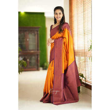BRIGHT YELLOW PURE SOFT SILK SAREE WITH ATTRACTIVE BLOUSE PIECE
