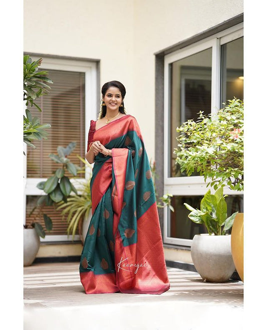 TEAL BLUE PURE SOFT SILK SAREE WITH ATTRACTIVE BLOUSE PIECE