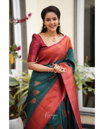 TEAL BLUE PURE SOFT SILK SAREE WITH ATTRACTIVE BLOUSE PIECE