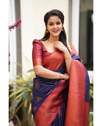NAVY BLUE PURE SOFT SILK SAREE WITH ATTRACTIVE BLOUSE PIECE