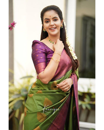 LIGHT GREEN PURE SOFT SILK SAREE WITH ATTRACTIVE BLOUSE PIECE