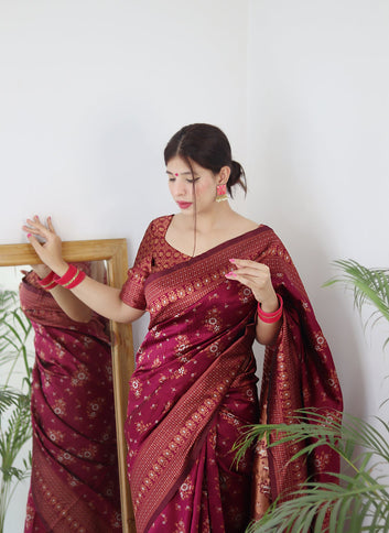 MAROON PURE SOFT SILK SAREE WITH TWIRLING BLOUSE PIECE