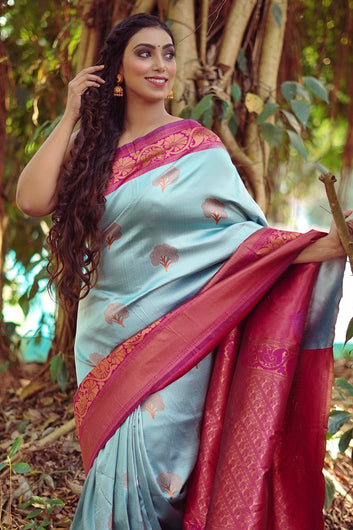 SKY BLUE PURE SOFT SEMI-SILK SAREE STYLISH BLOUSE PIECE