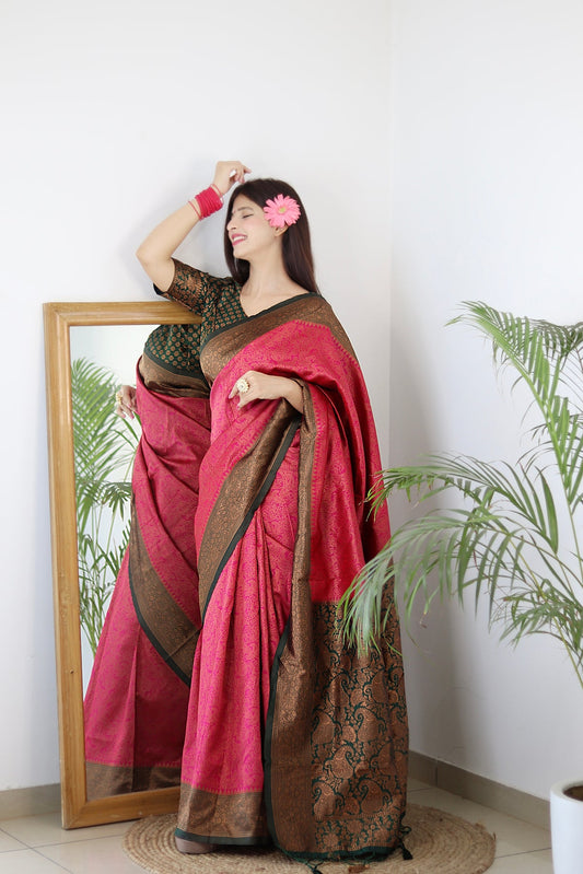 PINK WITH GREEN BORDER PURE SOFT SILK SAREE WITH TWIRLING BLOUSE PIECE