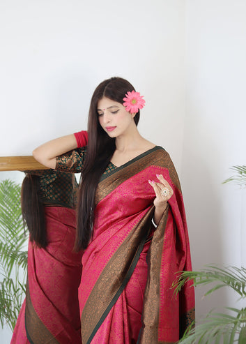 PINK WITH GREEN BORDER PURE SOFT SILK SAREE WITH TWIRLING BLOUSE PIECE