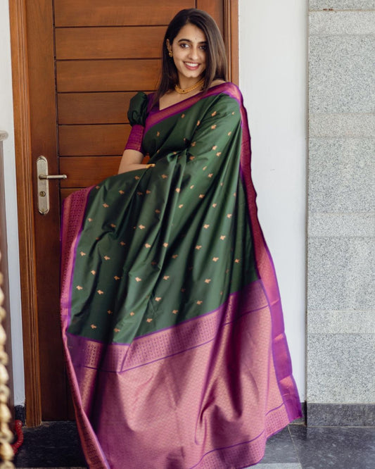 DARK GREEN PURE SOFT SILK SAREE WITH MOIETY BLOUSE PIECE