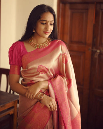 PEACH PURE SOFT SEMI-SILK SAREE STYLISH BLOUSE PIECE