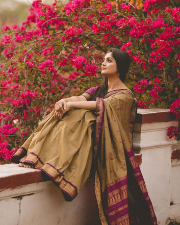 CHICKOO WITH PURPLE PURE SOFT SEMI SILK SAREE WITH ATTRACTIVE BLOUSE PIECE