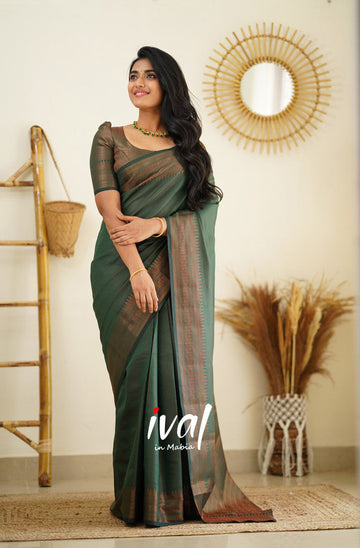GREEN PURE SOFT SEMI SILK SAREE WITH MOIETY BLOUSE PIECE