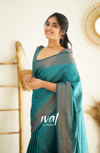 TEAL BLUE PURE SOFT SEMI SILK SAREE WITH LOVELY BLOUSE PIECE