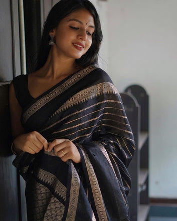BLACK & SILVER COMBINATION PURE SOFT SEMI-SILK SAREE STYLISH BLOUSE PIECE