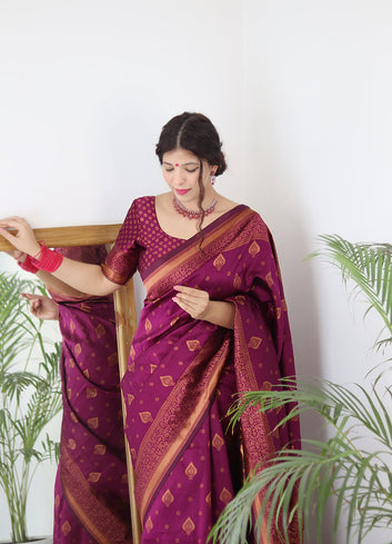 WINE PURE SOFT SILK SAREE WITH TWIRLING BLOUSE PIECE