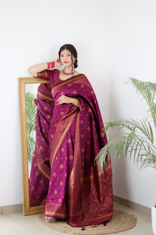 WINE PURE SOFT SILK SAREE WITH TWIRLING BLOUSE PIECE