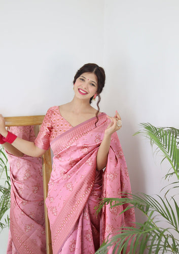 BABY PINK PURE SOFT SILK SAREE WITH TWIRLING BLOUSE PIECE